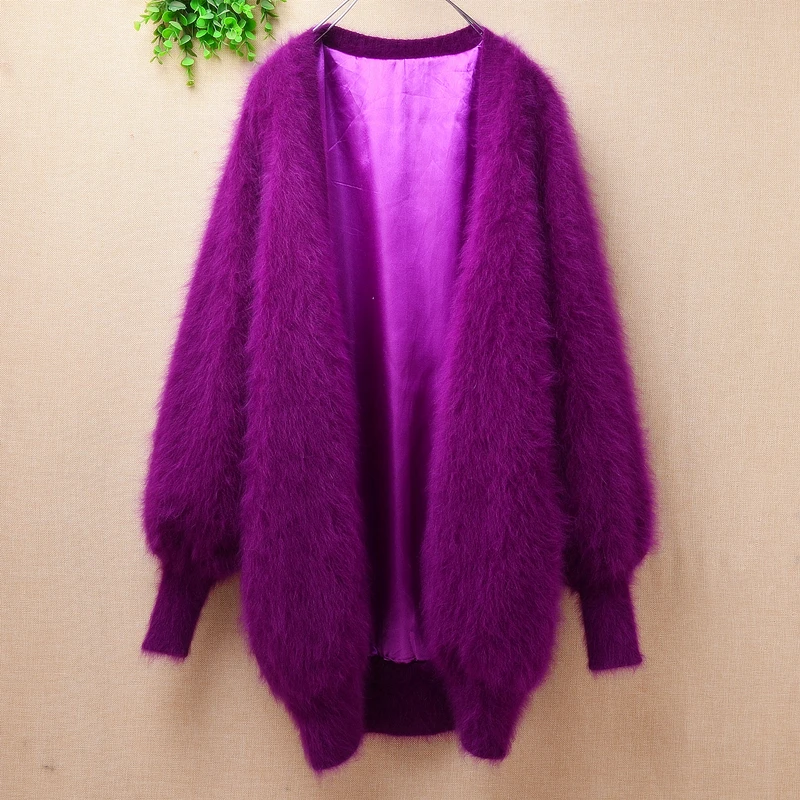 

ladies women fashion pull rose mink cashmere knitted long lantern sleeves loose cardigan mantle angora fur jacket coat sweater