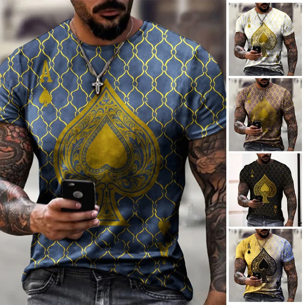 

Summer Street Fashion Playing Cards Lattice Square 3D T Men's Large Size Casual Short Loose Pullover T-Shirt