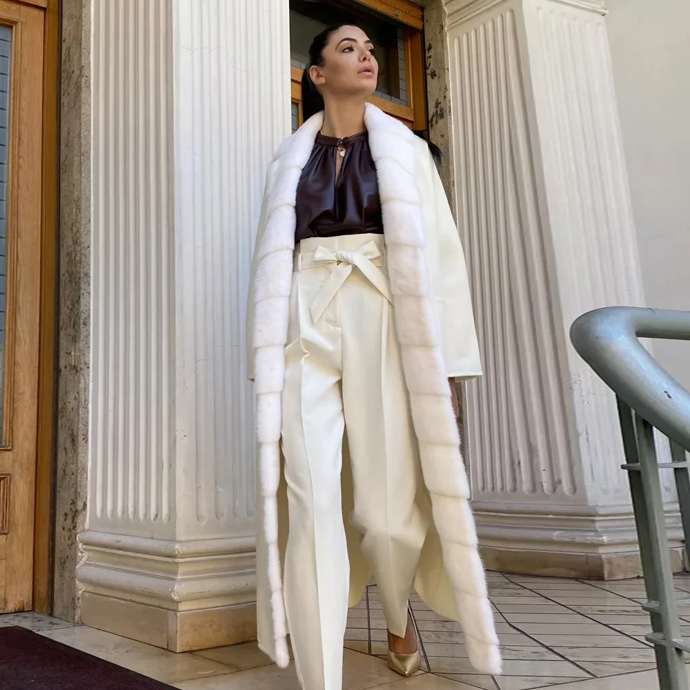 2022 Winter Women Natural Wool Blends Coat with Long Mink Fur Collar High Quality Whole Skin Genuine Mink Fur Cashmere Coats