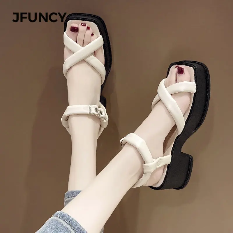 

JFUNCY Summer Woman Shoes White Retro Platform Sandal Female Casual Rome Shoe Pumps Chunky Sole Ankle Strap Women's Sandals