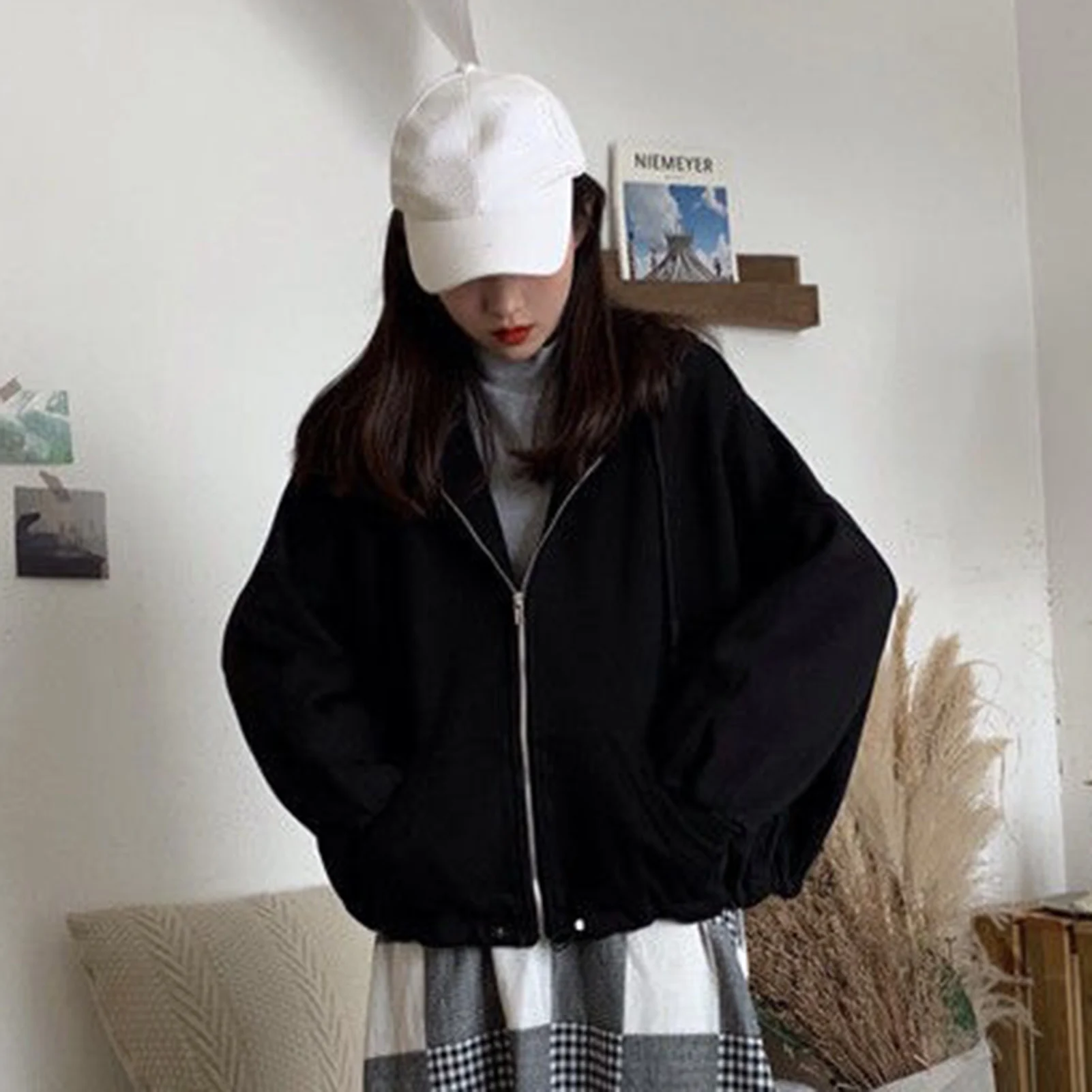 

Autumn Women Long Batwing Sleeve Letters Print Plush Hoodie Zipper Loose Coat