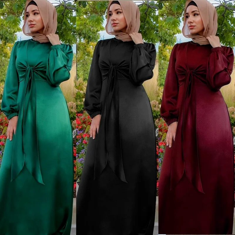 

Мусульманский модные модельные женские элегантные туфли из шелка, с О-образным вырезом с поясом, летнее модное однотонное Цвет А-силуэта Ма...