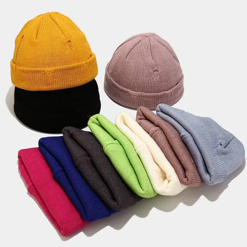 

Broken hole dome knitted hat fashion core spun yarn solid color warm melon skin hat