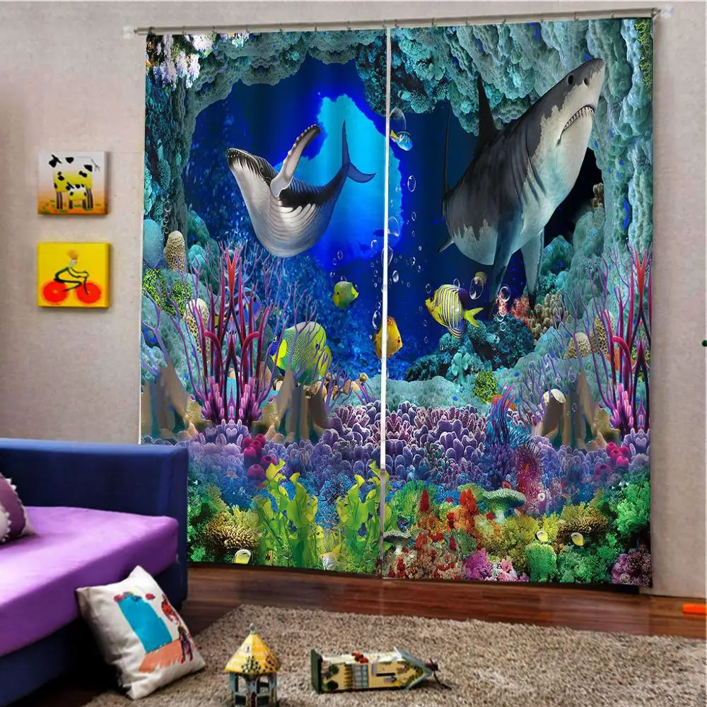 Затемненные 3D оконные шторы для гостиной темно-синие океанские Подводные | Дом и