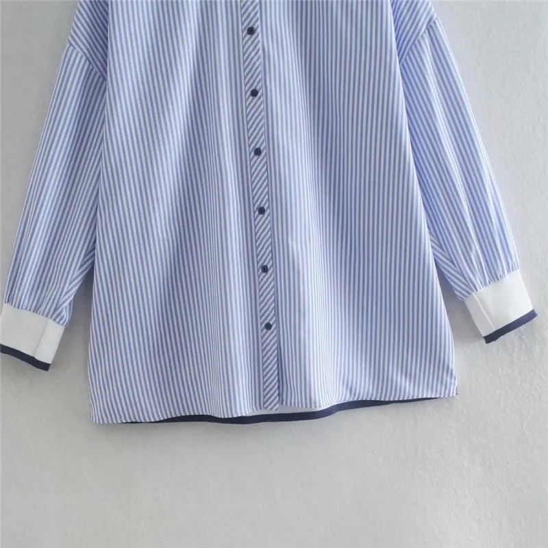 

2021 ZA Blue Ribbed Striped Shirt Women Long Sleeve Fitted Office Tops Female Fashion Front Button Cuaual Summer New Shirts