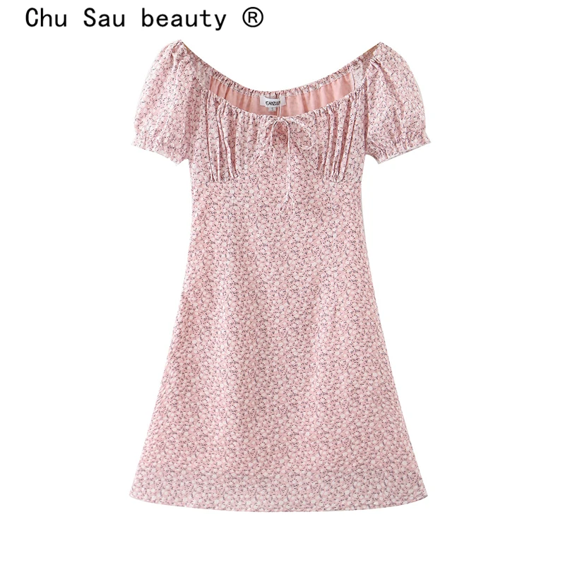 

Chu Sau beauty Casual Chic Floral Print Mini Dress Women Holiday Ruffles Dress Female Summer V-neck Short Sleeve Ladies Dresses