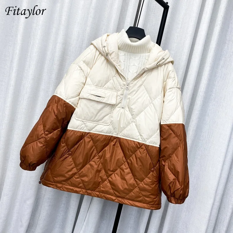 

Fitaylor Winter Hooded Splicing Colour Down Jacket Women Casual Loose Parkes 90% White Duck Down Coat Female Feather Outwear