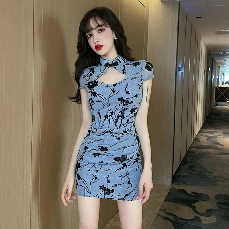Новинка лета 2021 Повседневное платье Ципао с принтом в стиле ретро облегающее