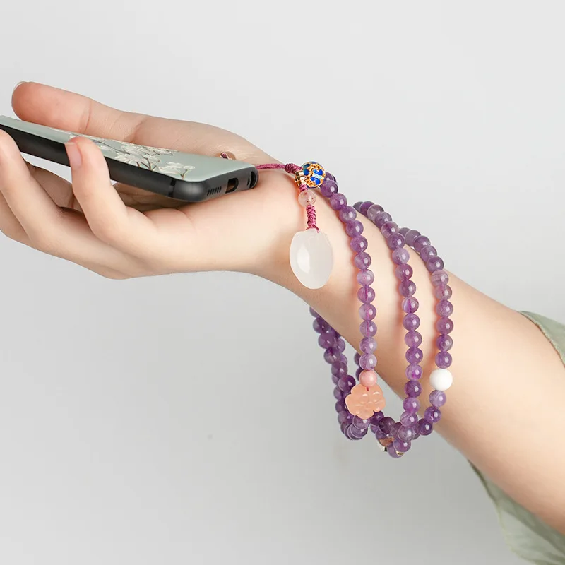 

Natural amethyst long mobile phone chain handmade custom sterling silver mobile phone lanyard mobile phone case pendant female