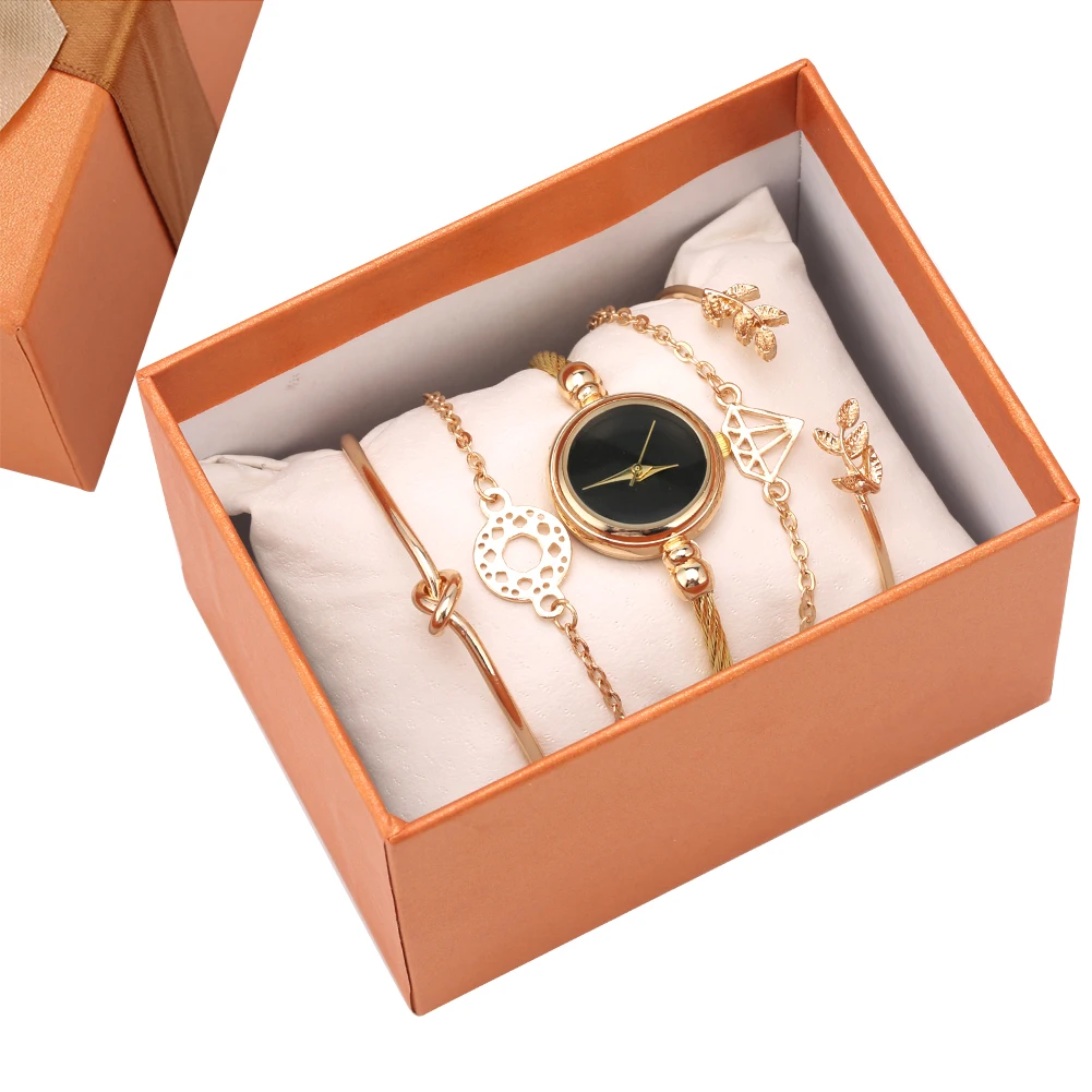 

5 Pieces Women Watch Set Bracelet Quartz Minimalist Black Dial Clock Chic Golden Strap Fine Bangles Ladies Gift Box for Wife Mom