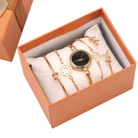 5 pieces ladies watch set bracelet quartz minimalist black dial clock chic golden strap fine bangle women gift set for wife girl