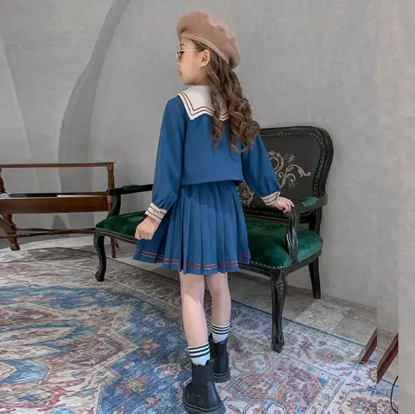 

Cultiseed Girls Preppy Style Dress Sets Suit Big Children Girls Sailor Collar Long Sleeve Top+Pleated Dress 2pc Party Dress Set