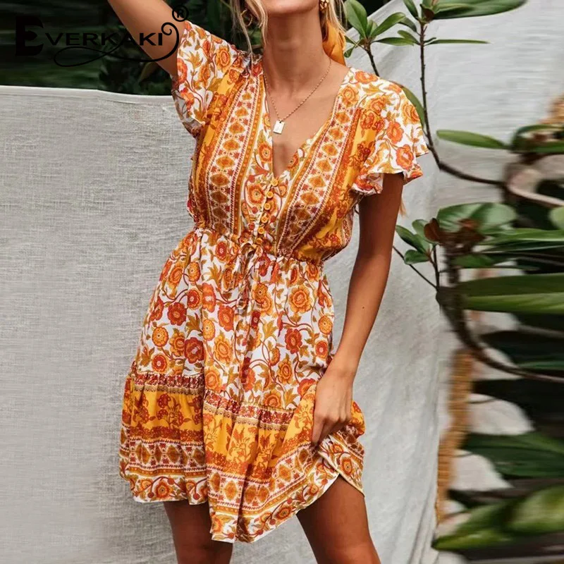 Женское мини платье в стиле бохо Everkaki повседневное винтажное короткое с