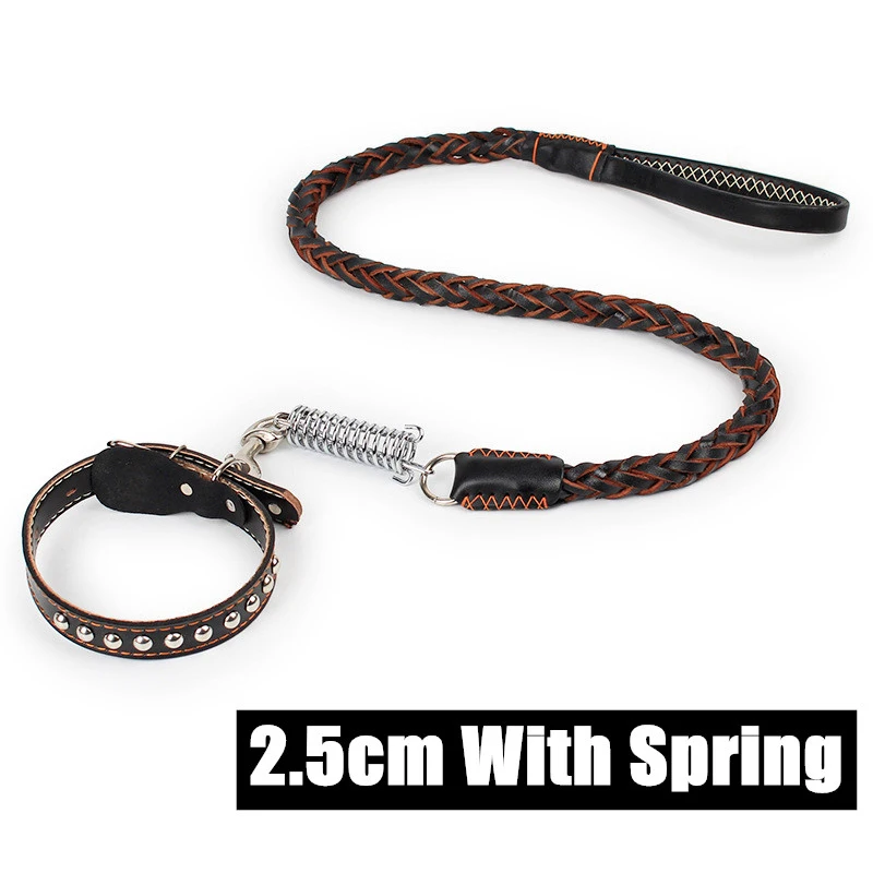 2.5cm With spring Плетеный коровий кожаный для собак ошейники износостойкий тренировочный поводок для собак Регулируемый ошейник для больших средних собак - Цвет: 2.5cm With spring