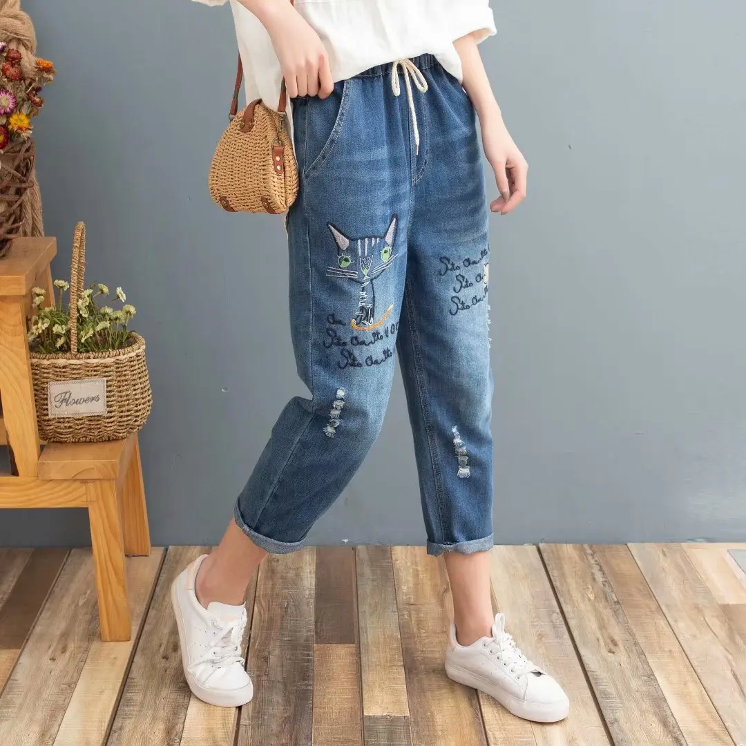 Новинка лета 2020 женские джинсовые брюки с вышитыми цветами свободный