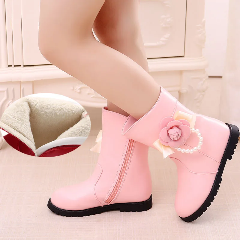 

Flower Children Pu Leather Plush Warm Snow Boots Snowboot For Kids Little Girls Red Pink Christmas Princess Cotton Shoes Shoe
