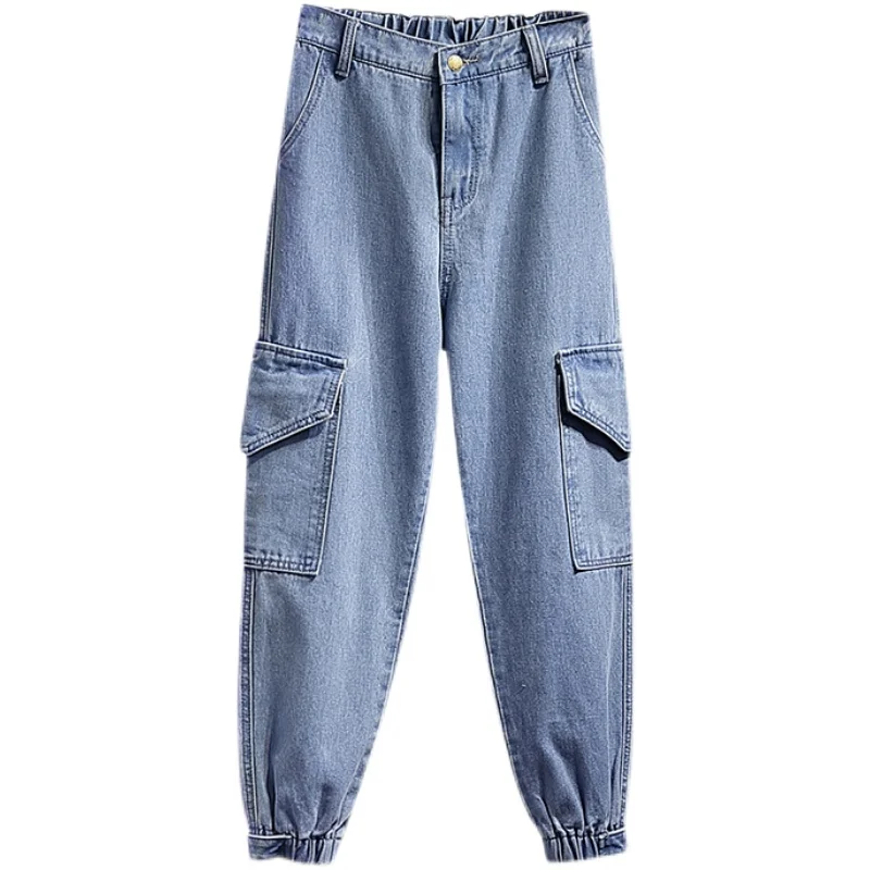 

DIMANAF Plus Size Women Jeans Denim Harem Pants Female Elastic Cargo Jeans Pockets Solid Japanese Spliced Large Pants Oversize