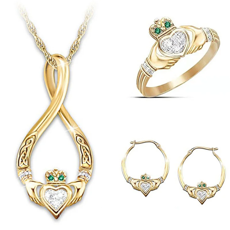 

Fashion popular women's wedding party Clark guardian heart popular golden pattern inlaid zircon set gift jewelry wholesale