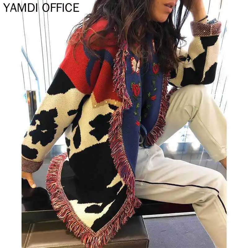 

Tassel Embroidery Woman Sweater Bohemian Print Floral Turn-down Collar 2021 Winter Lace Up Patchwork Thick Knitted New