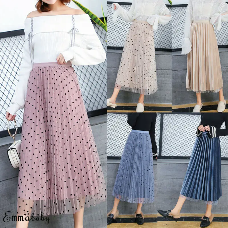 2019 осенние женские юбки модные Boho в горошек длинные с высокой талией Прозрачные