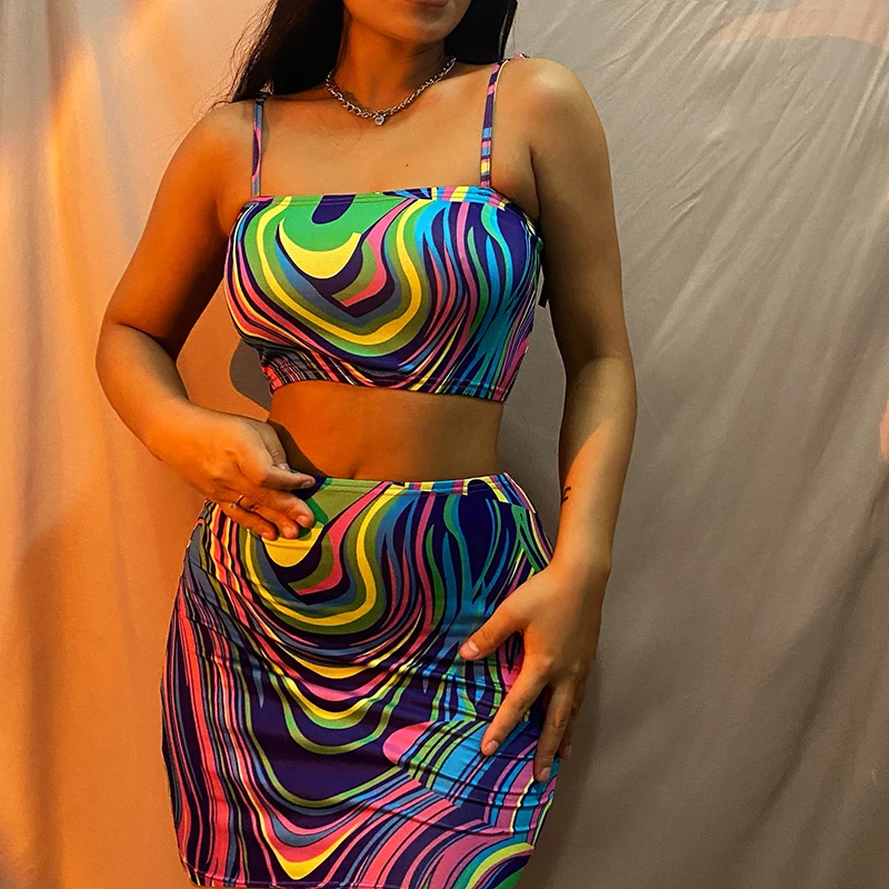 

Summer Y2K Sexy Crop Tops Skirts 2-Pieces Sets Women Lace Up Halter Top and Mini Skirts Paisley Color Slim Party Outfit Set2021