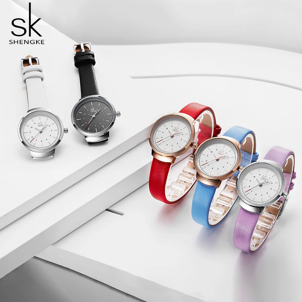 Часы наручные SHENGKE женские кварцевые креативные модные роскошные с кожаным