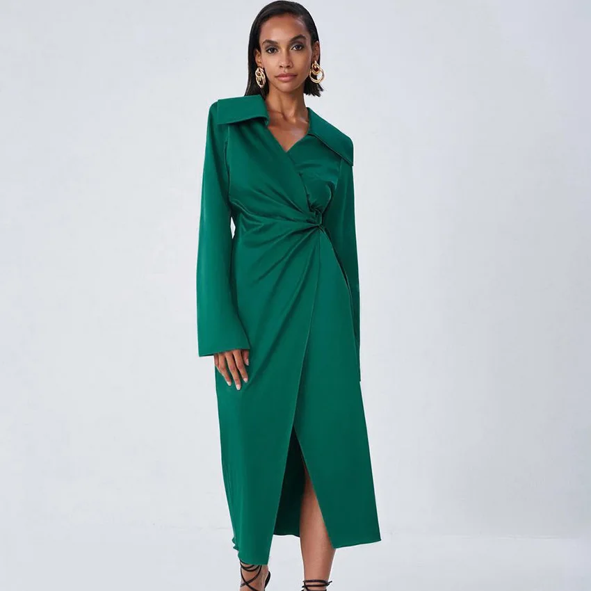 

2021 Autumn and Winter Women's Satin Dress V-neck Temperament Commute Close Waist Thin Split Green Dress Women Vintage Korean