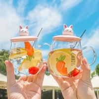 cute cat glass mugs with spoon and lid juice tea milk breakfast transparent cups with handle drinkware gifts