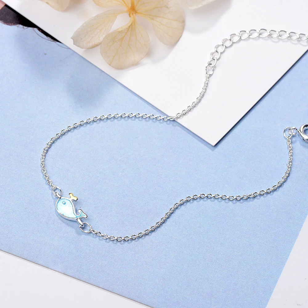 Милый маленький кит синий Дельфин 925 Стерлинговое Серебро Браслеты для женщин