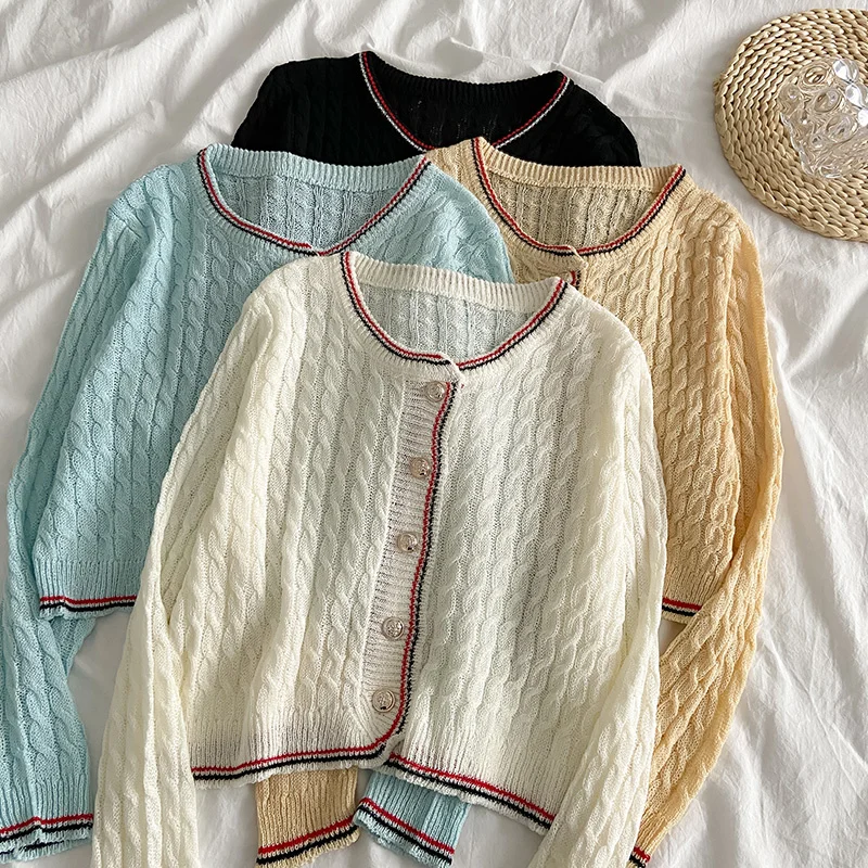 

French Style Knitwear for Women Summer Cute Youth-looking Retro Cardigan Thin Outerwear Early Autumn Loose Crop Top Kio