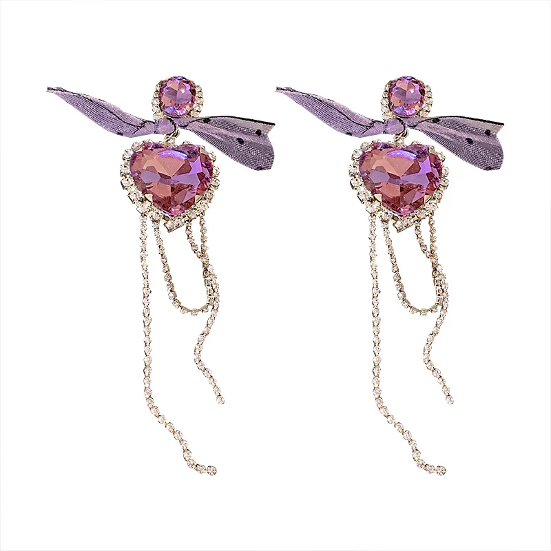 

Korean Luxurious Crystal Love Heart Drop Earrings for Women Fashion Chain Rhinestone Tassel Pendientes Bow Jewelry Gifts