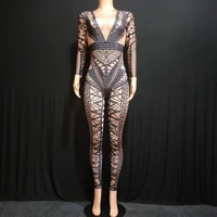 womens black printing deep v neck long sleeves bodycon performance jumpsuits sexy female pole dancing crystals stage outfits
