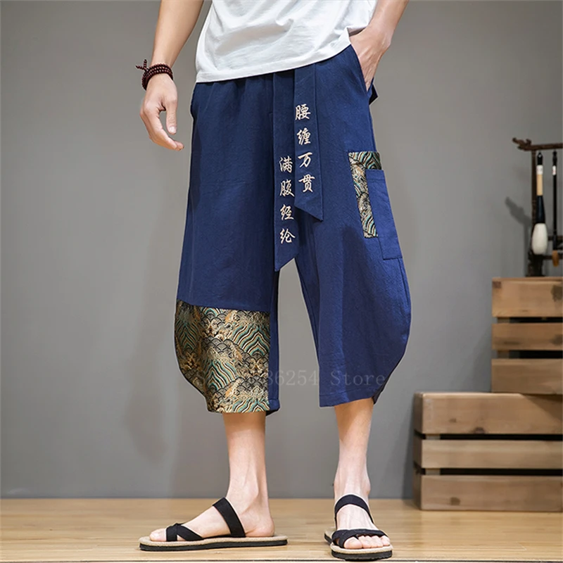 Брюки мужские хлопково льняные с вышивкой модные широкие штаны в японском стиле