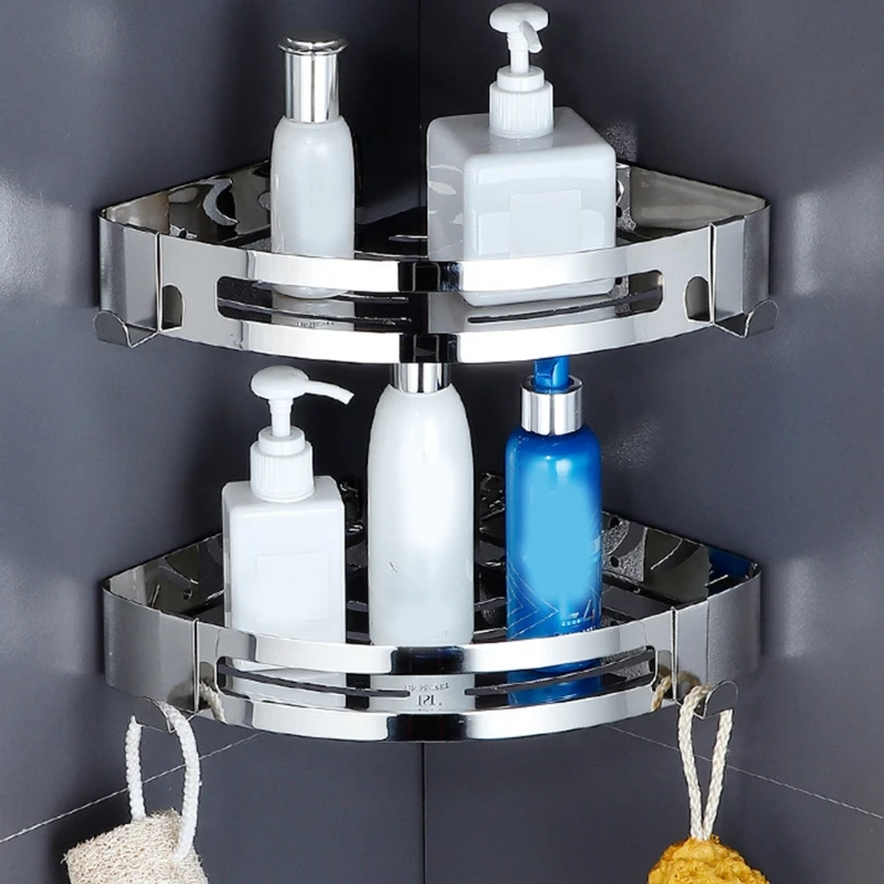 

Bathroom Storage Tray with Hooks Stainless Steel Kitchen & Bathroom Dual-purpose Shelf Wall Mounted Shampoo Holder