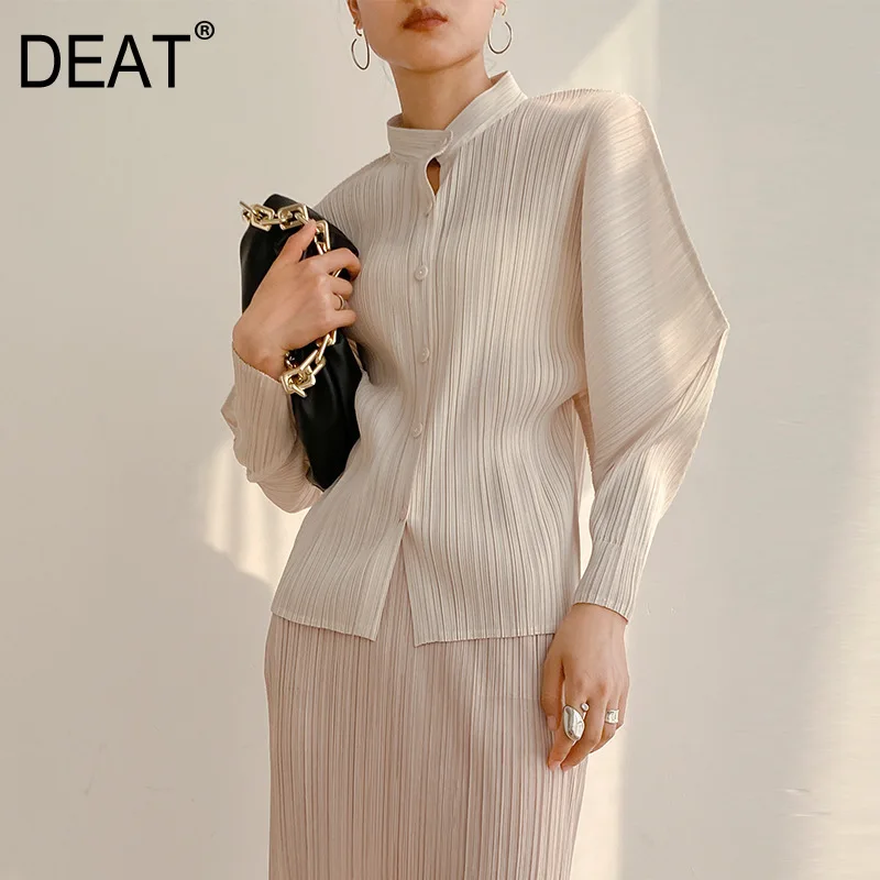 Женская однобортная плиссированная рубашка DEAT свободный однотонный офисный топ