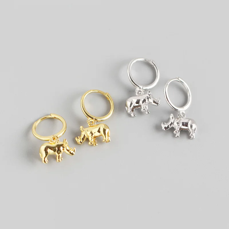 

Women earrings S925 silver color earrings geometric animal 3D threedimensional rhinoceros shape earrings zircon earrings jewelry