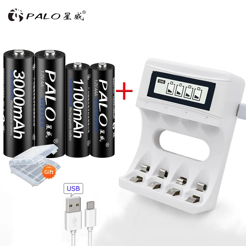 

PALO Intelligent LCD USB 1.2V Battery Charger For Ni-Cd Ni-Mh AA AAA Rechargeable Batteries+2pcs AA Batteries+2pcs AAA Batteries