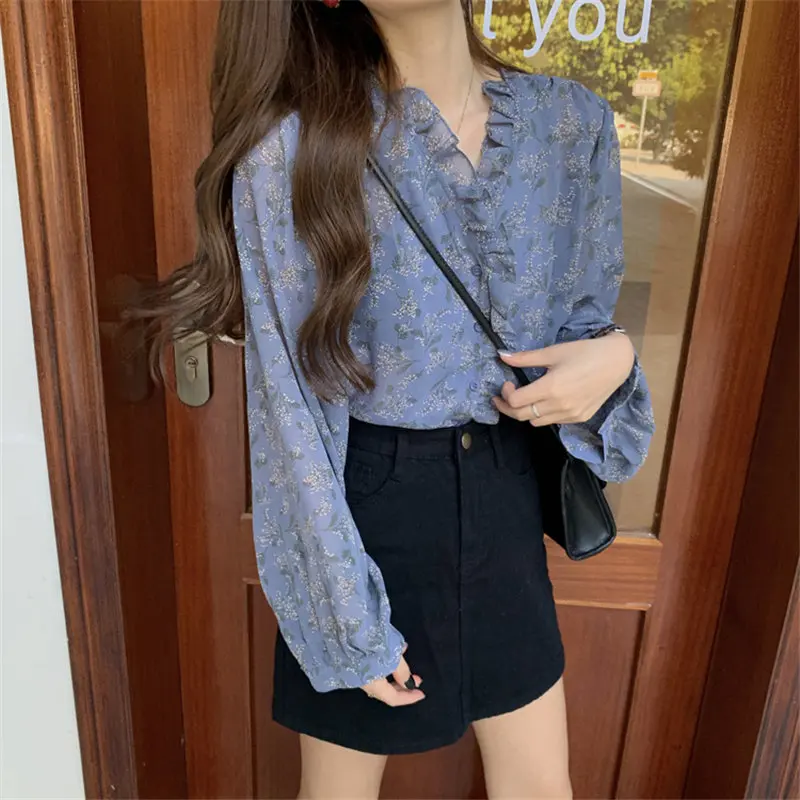 

Sweet Ruffles V-Neck Vintage 2021 Chic Fashion Elegant Women Blouses Stylish Florals Loose Chiffon Shirts Printed