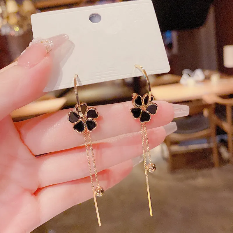 

Korean Black Flower Long Earrings For Women Elegant New Fashion Jewelry beautiful pendientes Wholesale