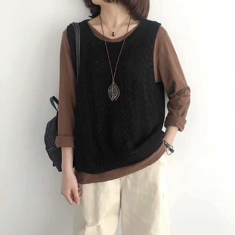 

Female Sleeveless Spring Autumn Korean Version Pullover Striped O-neck Loose Hollow Sweater Vest Female Knitted Sweater