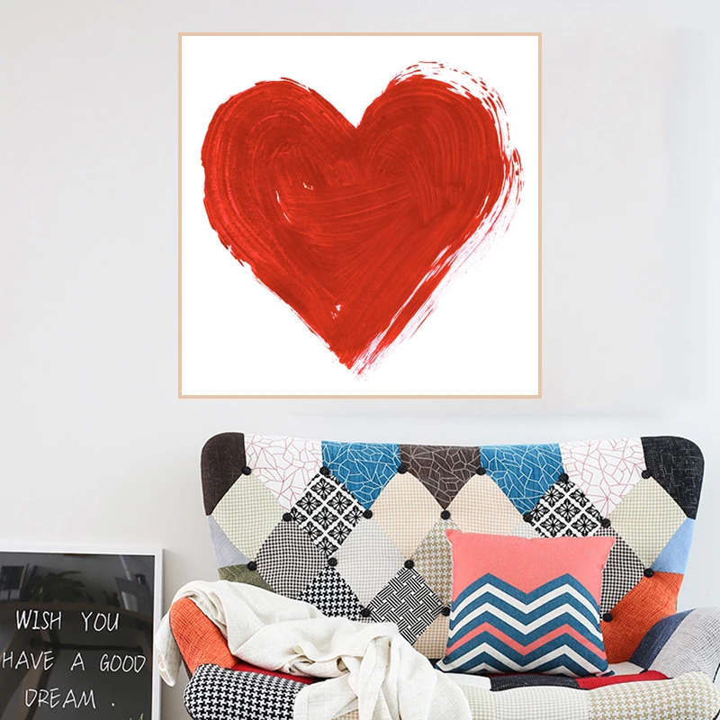 Романтическая Красная Картина на холсте с сердечками акварелью свежими