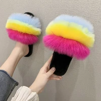 shoes for women 2020 female rainbow color fluffy fur ladies flat sandals korea fashion soft comfortable non slip women slippers