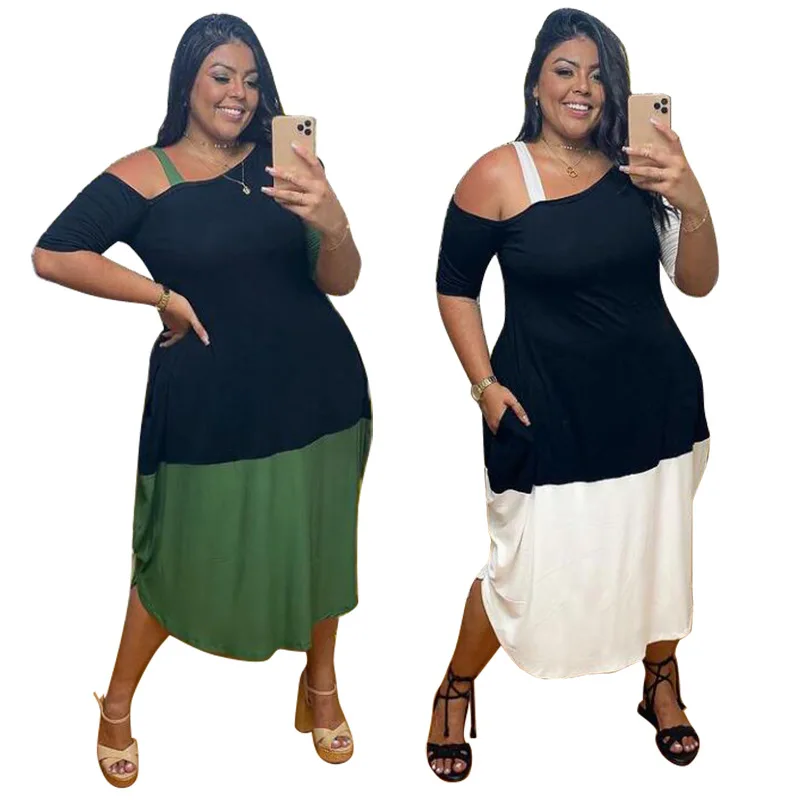 

Cutubly Plus Size Dresses Fashion Spring Slash Neck Dress Patchwork Women Short Sleeve Pockets Casual Loose Sexy Dress 2021 New