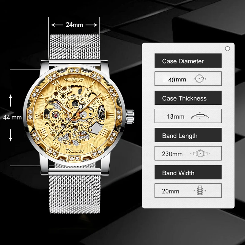 Часы WINNER Мужские механические золотистые прозрачные с римскими цифрами на