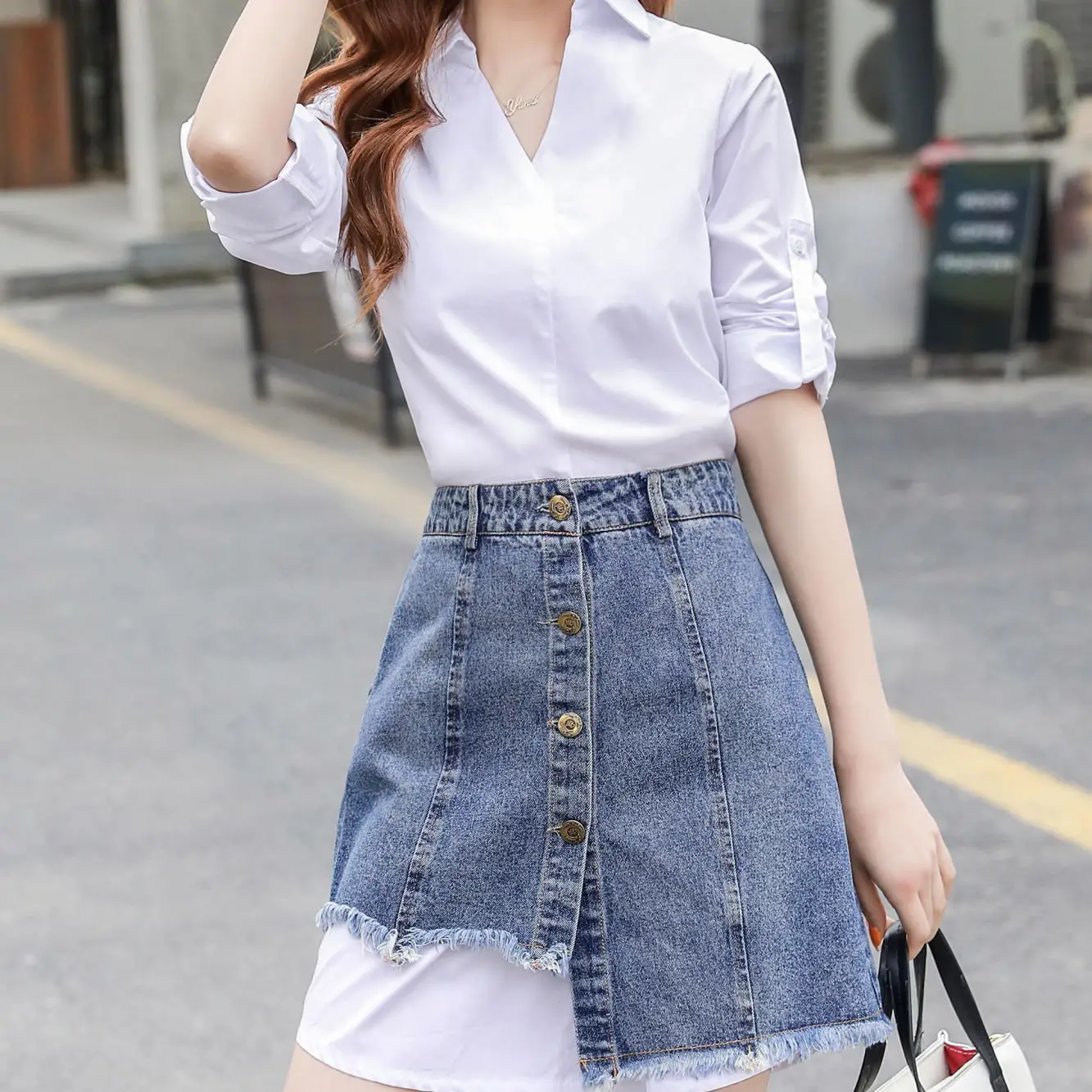 

Female 2021 Summer New Outfits Casual Two Piece Set Women V-neck Short Sleeve Shirts and Irregular Denim Short Skirt Suits Q249