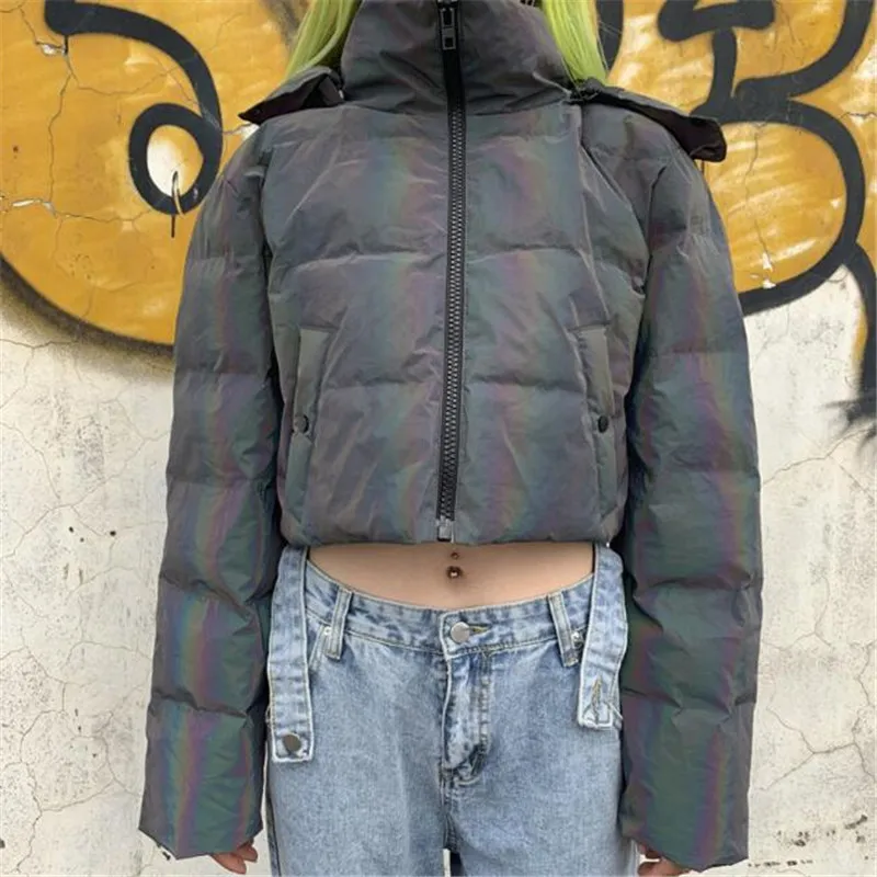 

Women Reflective Parka Winter Fashion Jacket Casual Thicken Warm Hooded Padded Reflective Short Jackets Outwear Down Bubble Coat