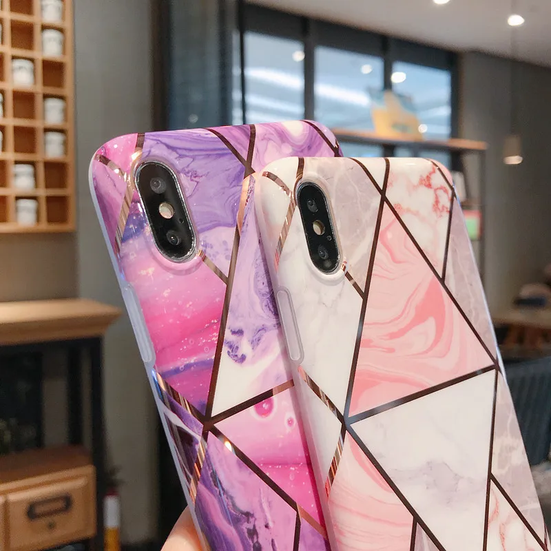 Geometric Marble Diamond Phone Case for iPhone XR X 10 XS Max 6 6S 7 8Plus 11 Plating Strip Soft Silicone Cover Coque |