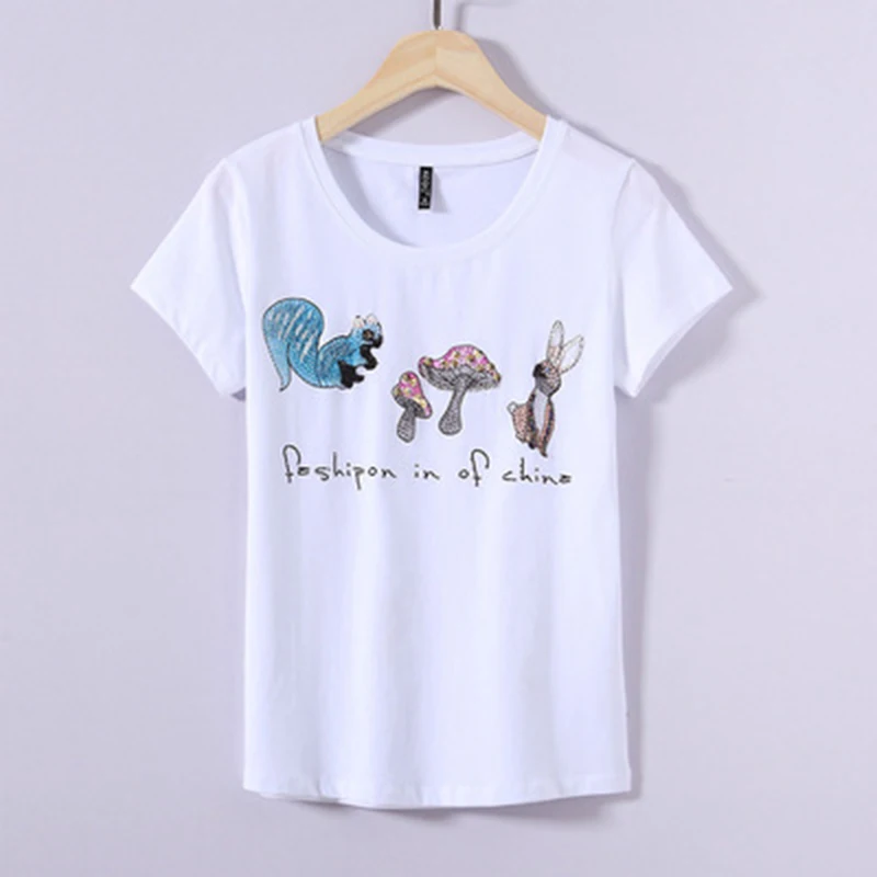 

Летняя хлопковая Футболка с отделкой бисером футболки с героями мультфильмов, Женская однотонная одежда для детей с круглым вырезом; Вязан...