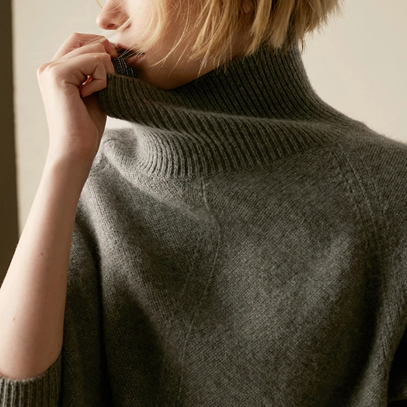 2019Cashmere sweater female high collar pullover loose large size women's short side split fork sweater simple bottoming sweater - Цвет: gray