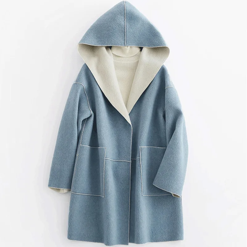 Женское шерстяное пальто с капюшоном длинное двухстороннее из 100% шерсти в